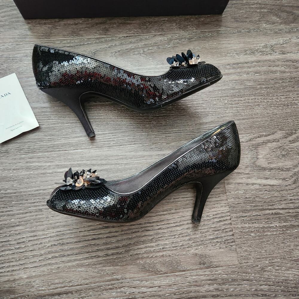 Prada Black Leather and Sequin Flower Embellished Peep Toe Pumps Size 38.5